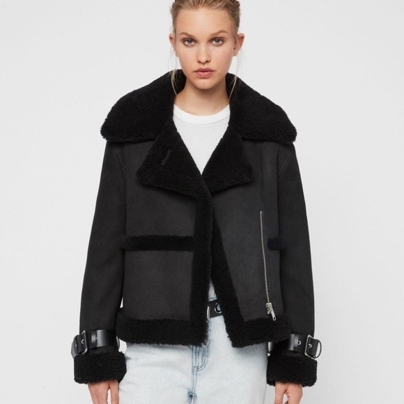 ALLSAINTS Jacket "Farley" Moto-Inspired Genuine Plush Shearling & Suede Leather - Picture 1 of 16